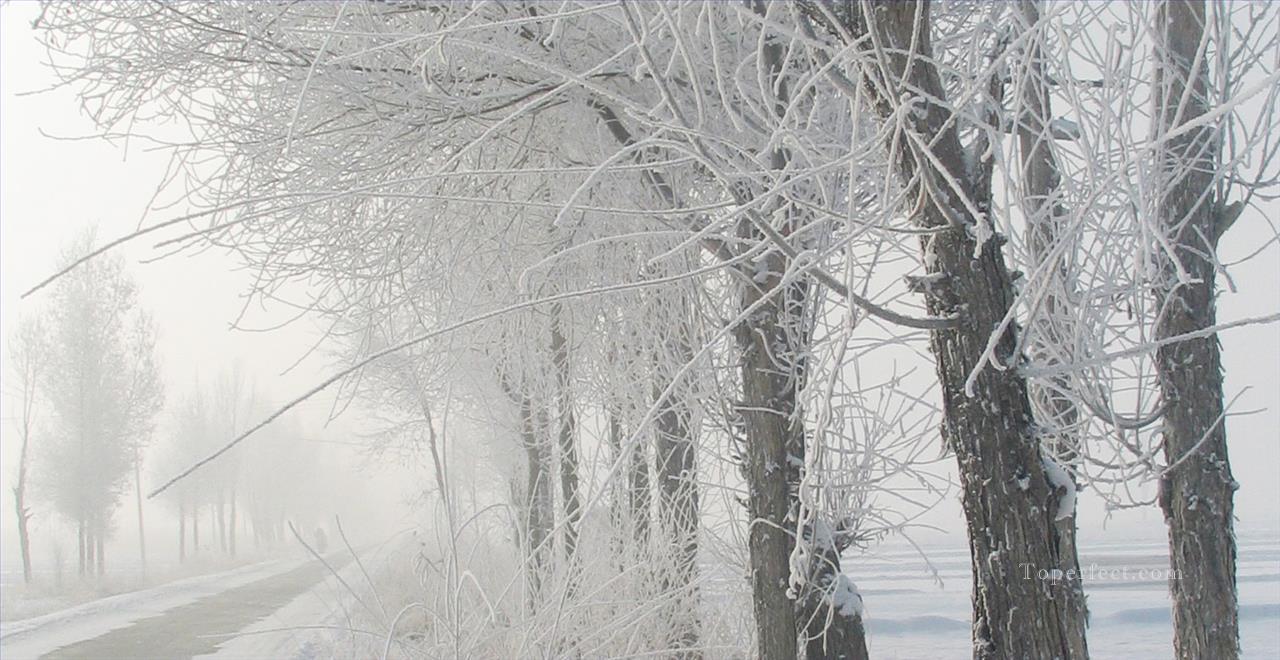 雪の降る田舎の白黒油絵